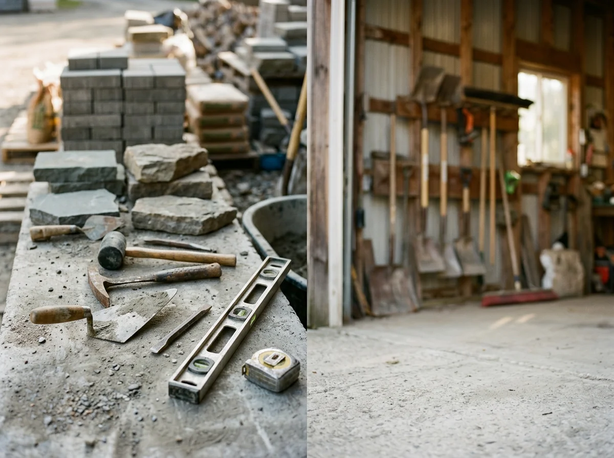 Professional masonry and paving tools arranged on a work surface, showcasing equipment used for concrete, asphalt, and stone work.