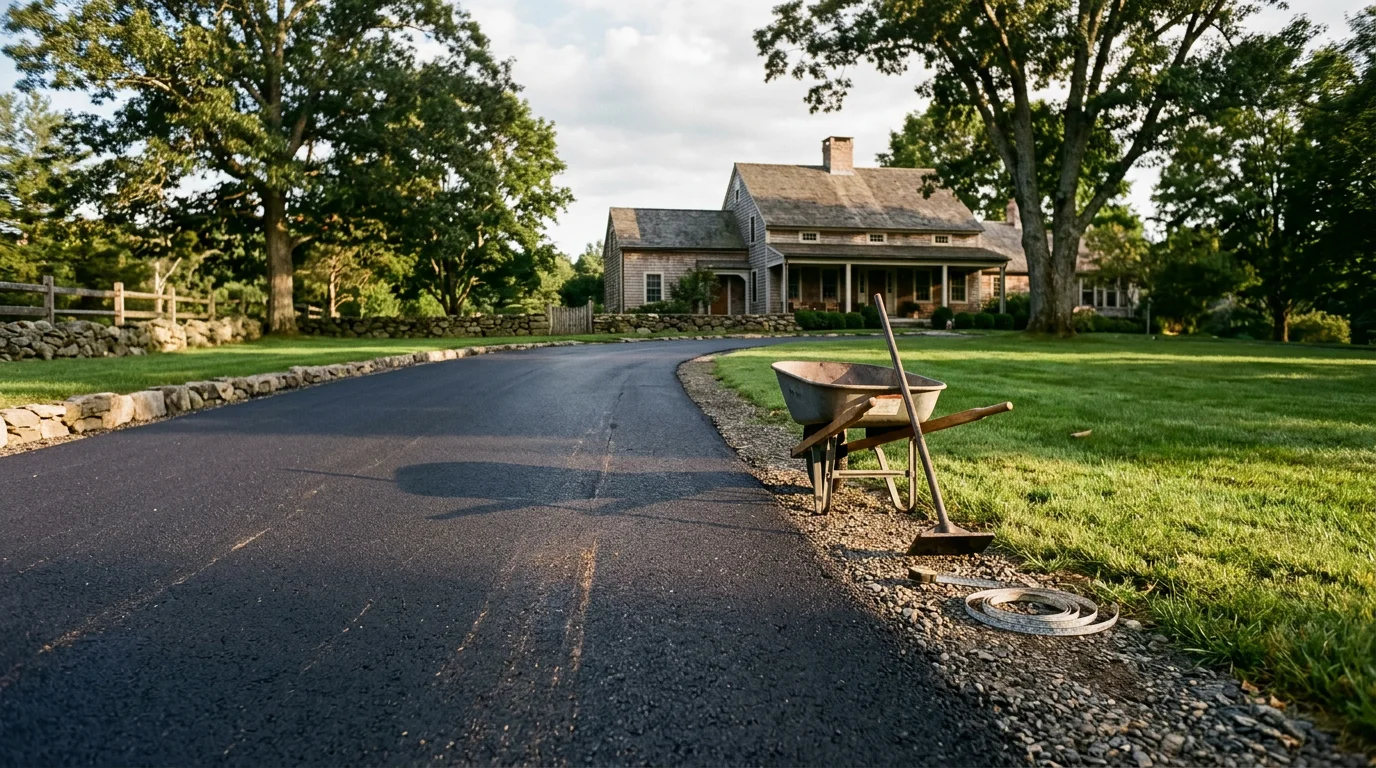 Paving contractor installing asphalt driveway for residential home