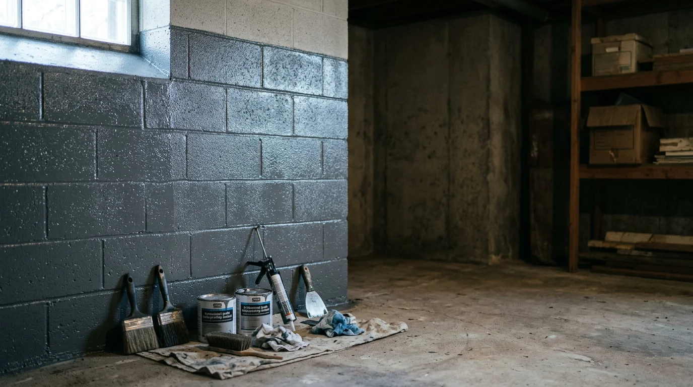 Waterproofing contractor sealing basement wall to prevent water leaks