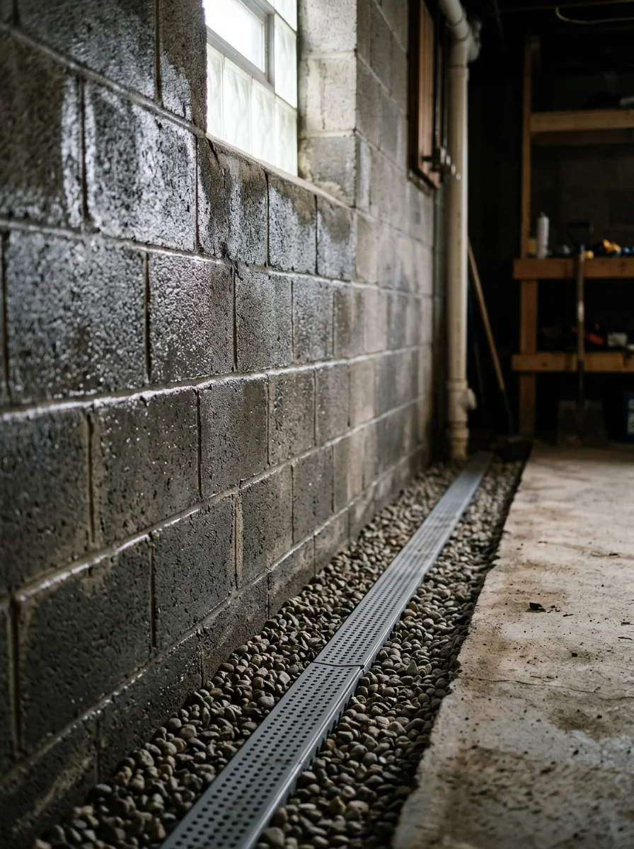 Close-up of a waterproofed block foundation wall in an Ansonia, CT basement, with a drainage channel installed along the floor perimeter.