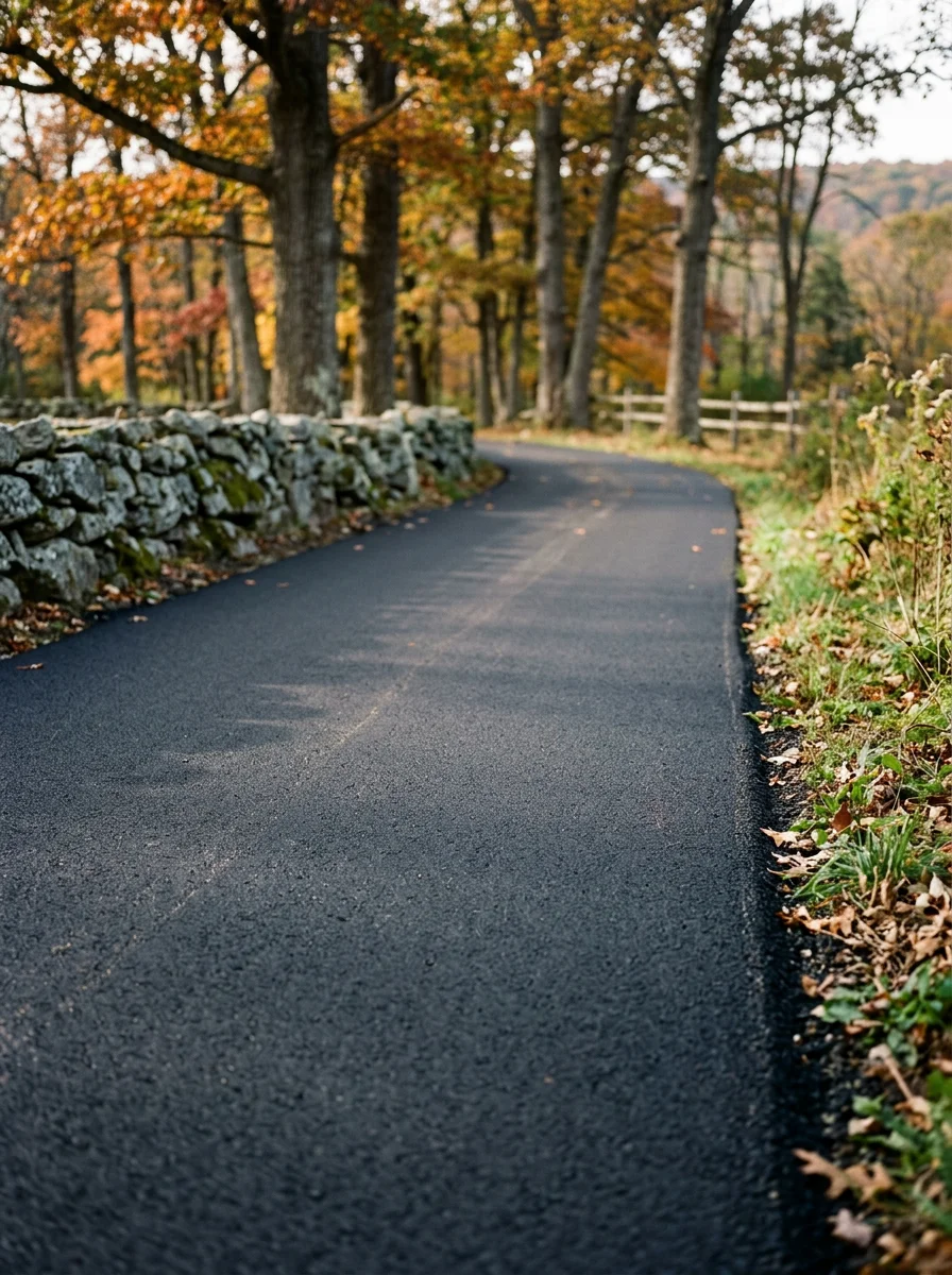 Close-up of a freshly paved asphalt driveway on a large rural lot in Goshen, CT, bordered by stone walls and mature trees.
