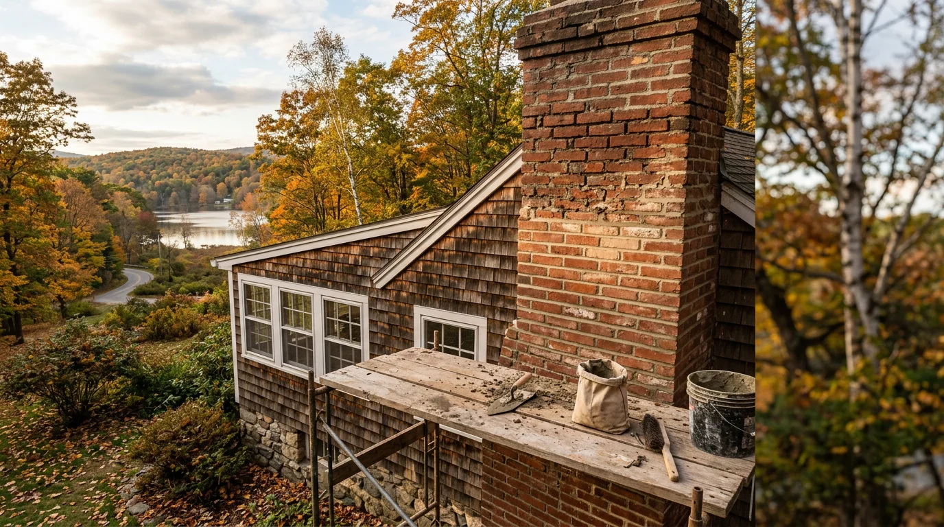 A masonry contractor repointing the brick chimney of a lakefront cottage in Goshen, CT, with wooded hillside terrain visible in the background.