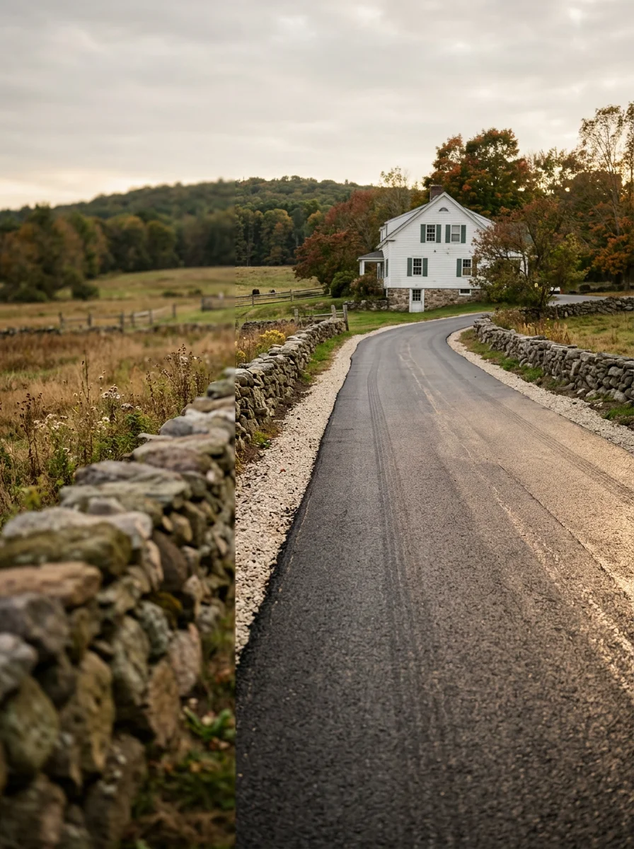 A freshly paved asphalt driveway leading to a historic New England farmhouse in rural Litchfield, CT, bordered by stone walls and open farmland.