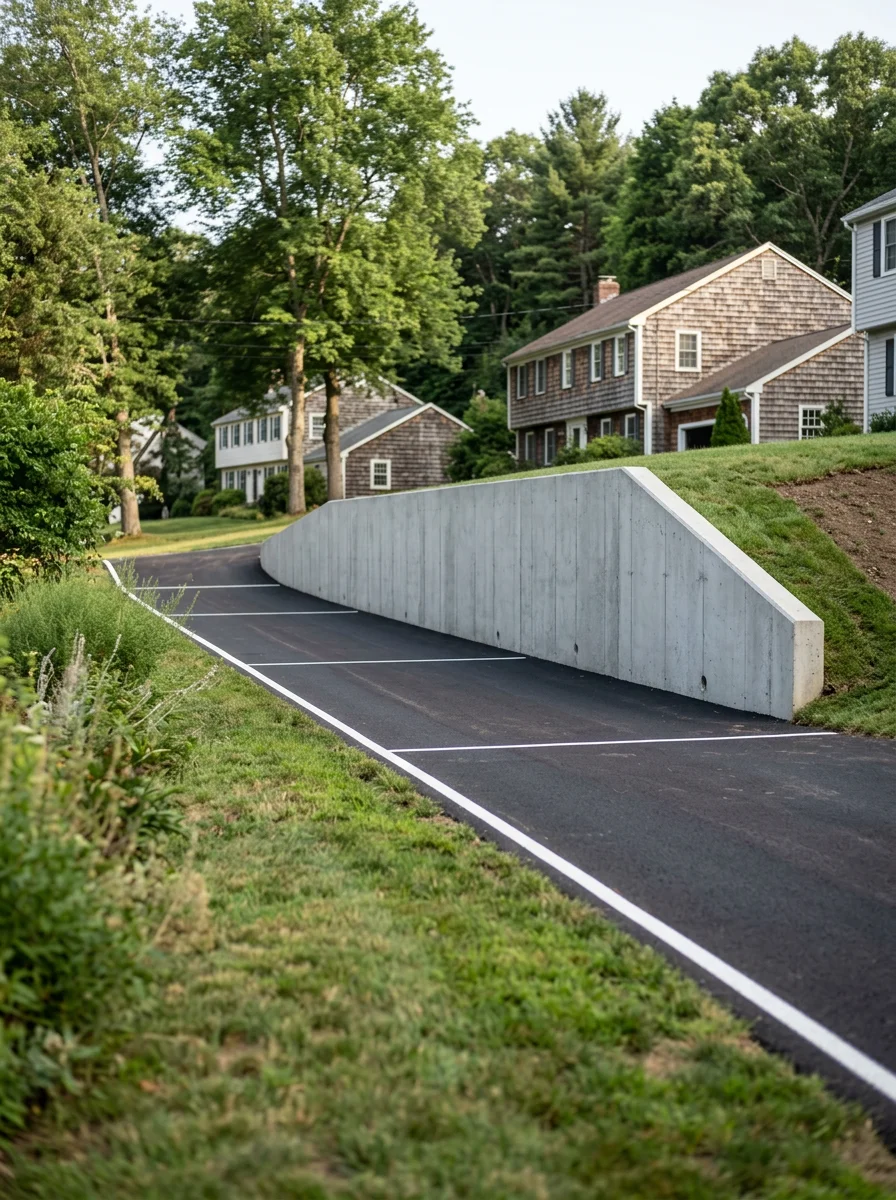 A freshly poured concrete retaining wall on a sloped residential lot in Naugatuck, CT, with a repaved driveway visible alongside it.