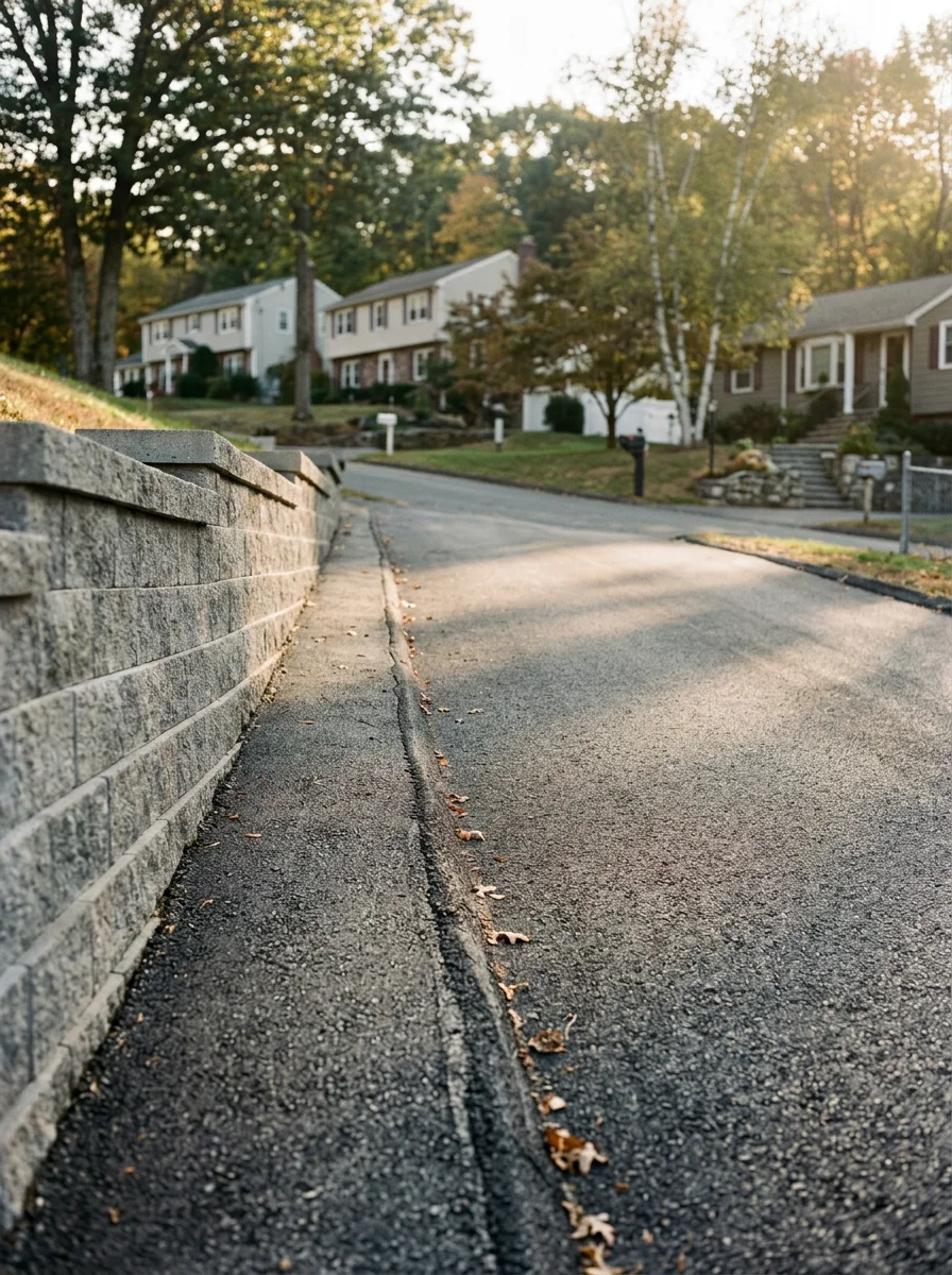 A freshly paved asphalt driveway on a sloped residential lot in Seymour, CT, with a concrete retaining wall along one edge and a hillside neighborhood in the background.