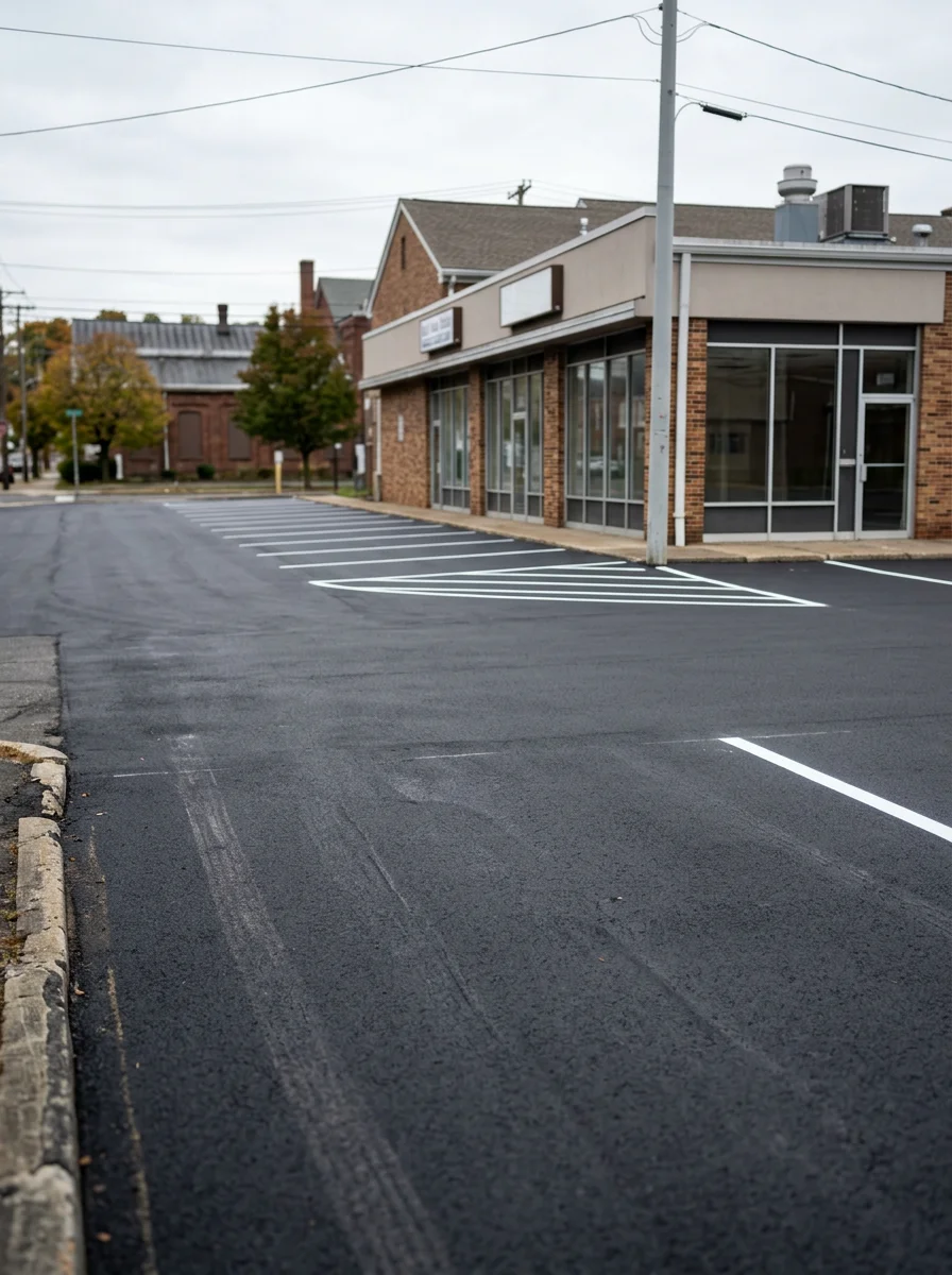 Freshly paved commercial parking lot in Waterbury, CT, with crisp asphalt edges and painted lot lines in front of a retail building.