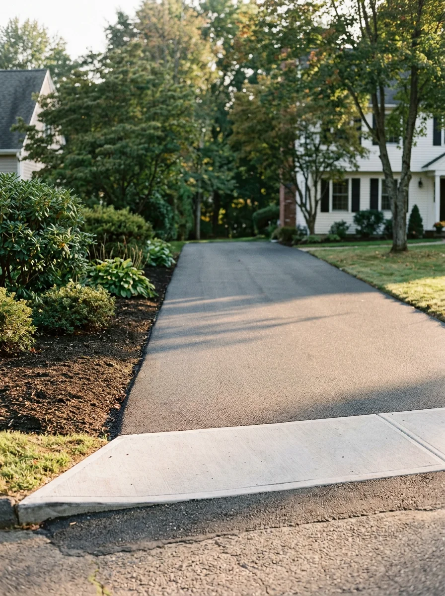 A freshly paved asphalt driveway on a residential property in Oakville, Watertown CT, with clean edges and a concrete apron at the street.