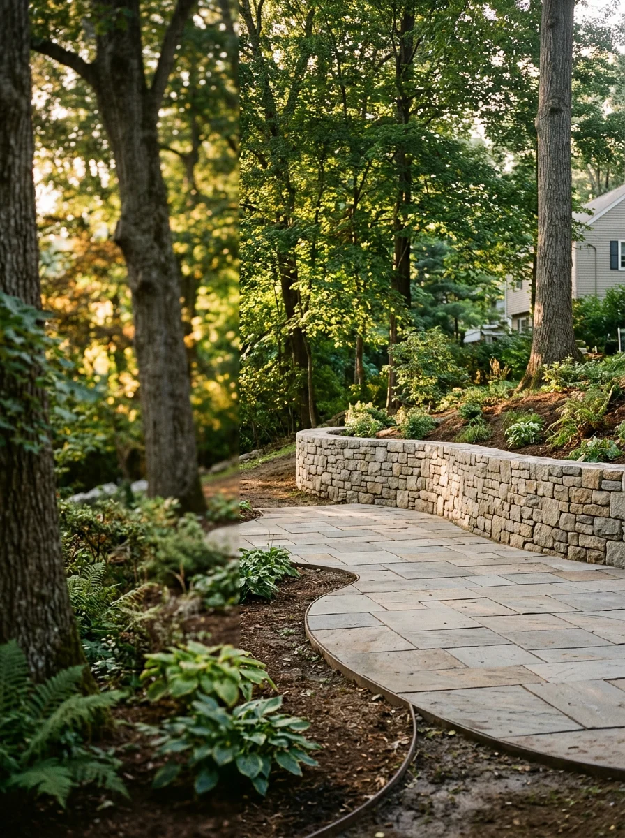 A newly installed stone retaining wall and patio on a sloped residential lot in Woodbridge, CT, with mature landscaping surrounding the hardscaped area.