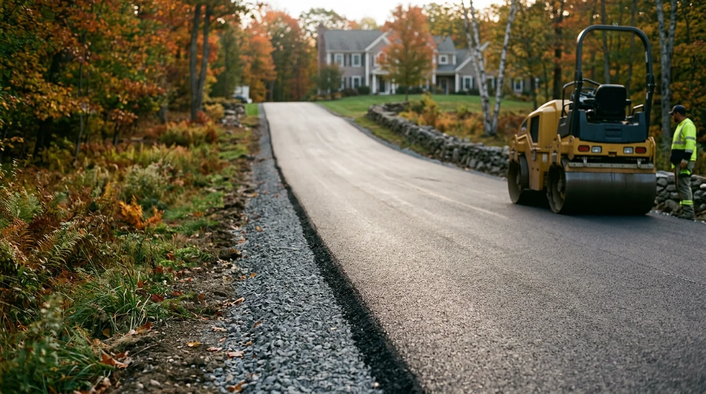 Freshly laid asphalt paving on a residential property in Goshen, Connecticut, with a smooth dark surface and clean edges against a backdrop of rolling wooded hills. A paving crew levels and compacts the asphalt on a graded base on a clear day.
