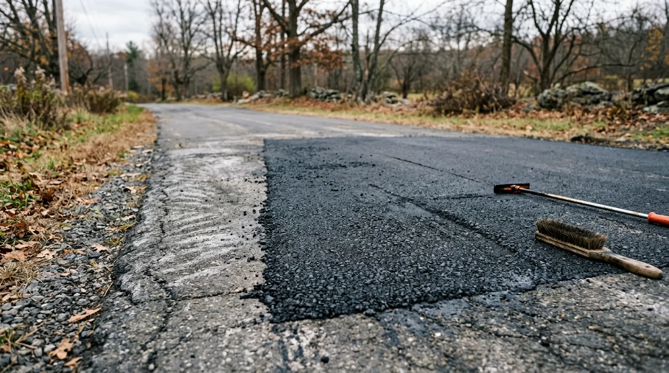 A freshly patched asphalt driveway in Goshen, Connecticut, showing a smooth, level repair where a pothole and cracked section have been filled and compacted. The surrounding pavement shows typical Connecticut freeze-thaw wear, contrasting with the clean repair area.