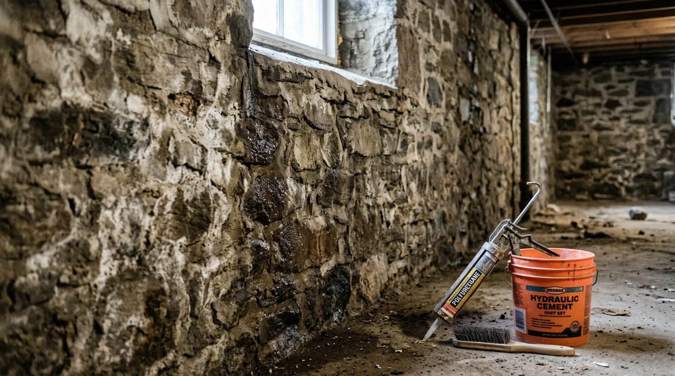 A Goshen, CT basement wall showing repaired masonry and dry concrete after professional leak repair by Husky Masonry and Paving. The previously wet fieldstone and block foundation now shows no signs of moisture or staining.