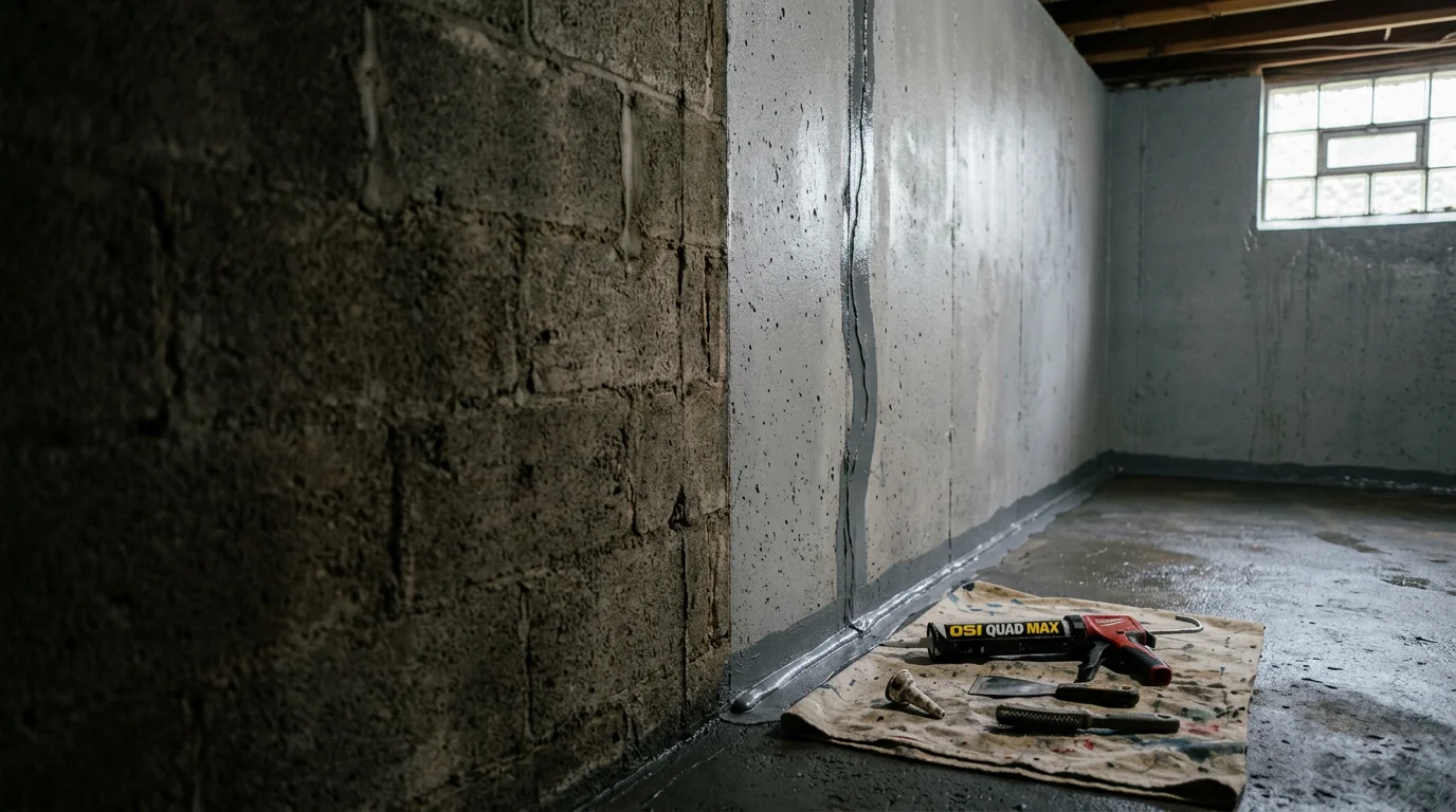 Sealed basement wall in a Goshen Connecticut home showing smooth, dry masonry after crack repair and waterproof sealing treatment. Close-up view of the treated concrete surface with no visible moisture or staining.