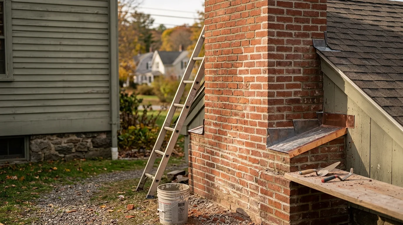 A brick chimney on a residential home in Goshen, Connecticut showing completed mortar repointing and crown repair work. Close view of clean, solid mortar joints and restored brickwork against a New England sky.