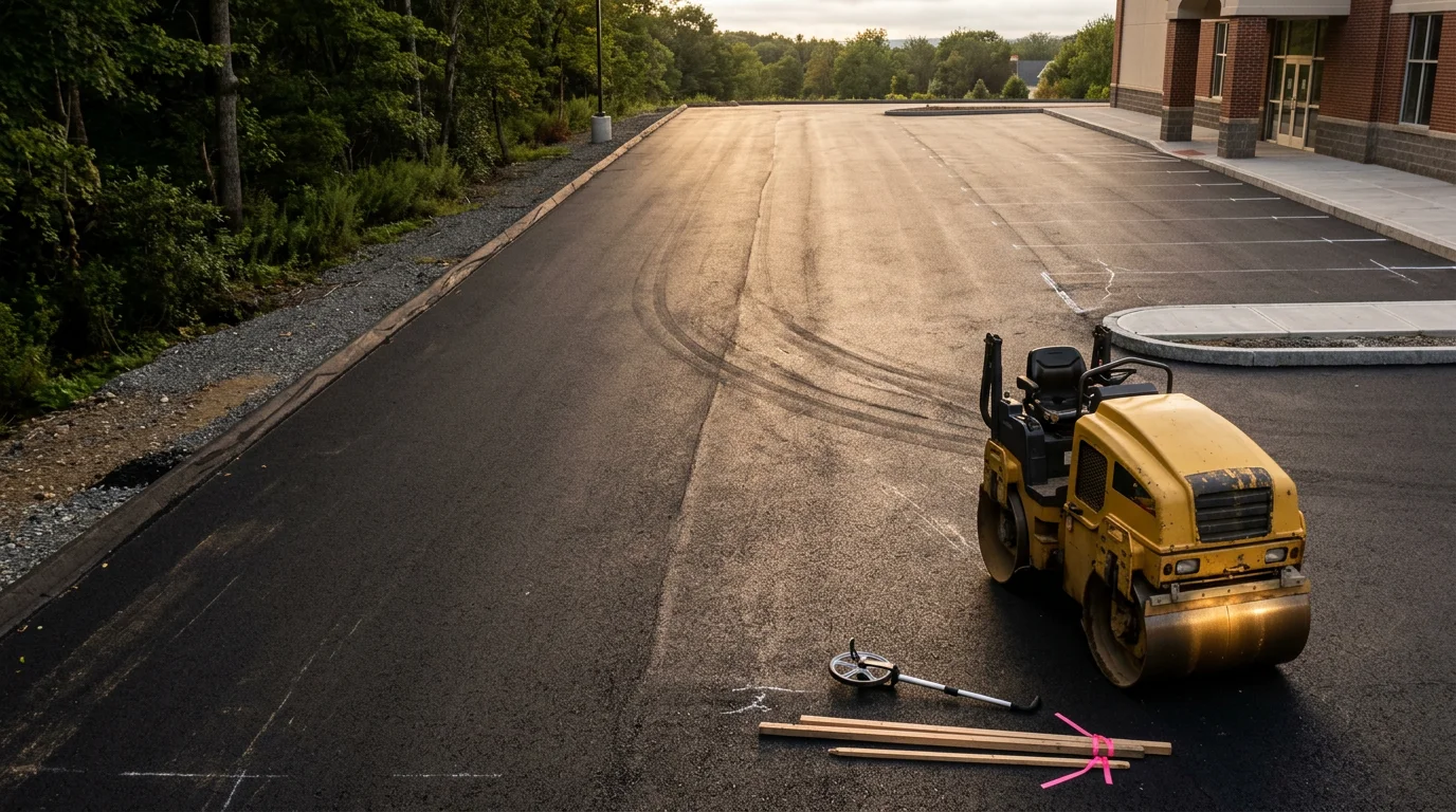Freshly paved commercial parking lot in Goshen, Connecticut with clean asphalt surface and newly painted lot striping. The lot shows smooth edges, proper grading, and clear lane markings ready for business traffic.