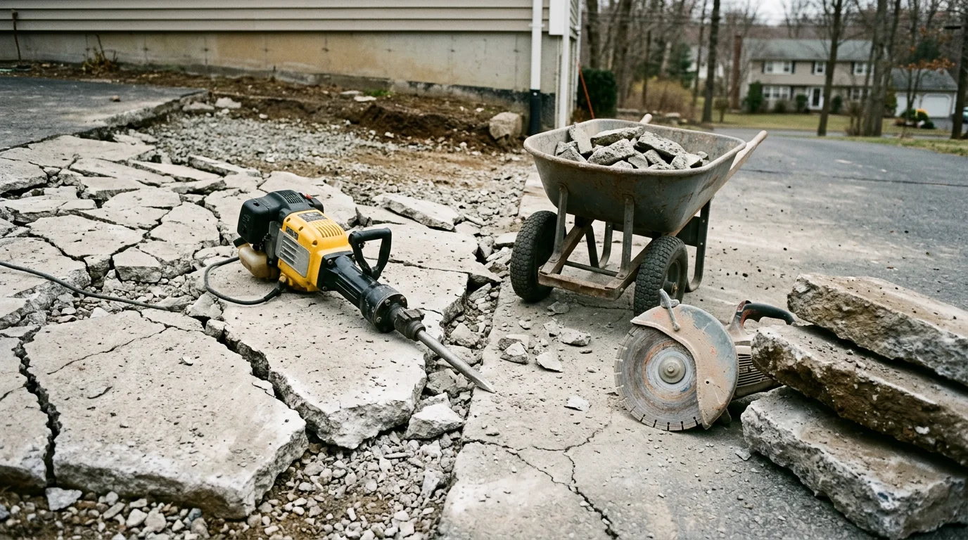 A concrete driveway slab being broken apart and removed at a residential property in Goshen, Connecticut. Broken concrete pieces are staged for hauling, with the cleared sub-base visible beneath.