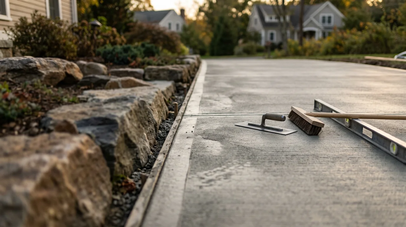 A freshly broom-finished concrete walkway outside a residential property in Goshen, Connecticut, with clean edges and a uniform gray surface texture. The finished slab leads from a driveway to a front entry, set against a typical New England rural backdrop.