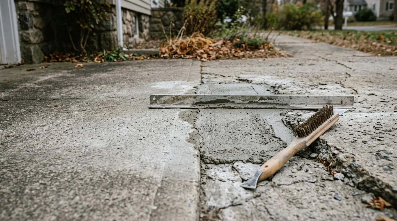 Repaired concrete driveway in Goshen, Connecticut showing a smooth, crack-free surface after professional patching and spall repair. Close-up view of the restored slab edge with surrounding landscape visible.