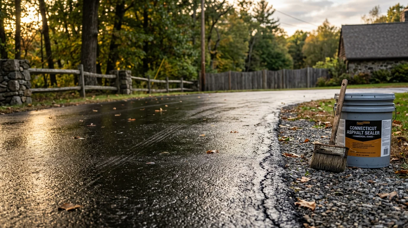 A freshly sealed concrete driveway at a residential property in Goshen, Connecticut, with water beading on the smooth, protected surface. The surrounding landscape shows a typical New England setting with mature trees and a single-family home in the background.