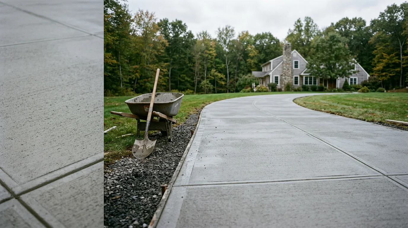 Freshly poured concrete driveway at a residential property in Goshen, Connecticut, with clean edges and a smooth broomed finish. The surface slopes away from the garage and shows neatly cut control joints running across the slab.