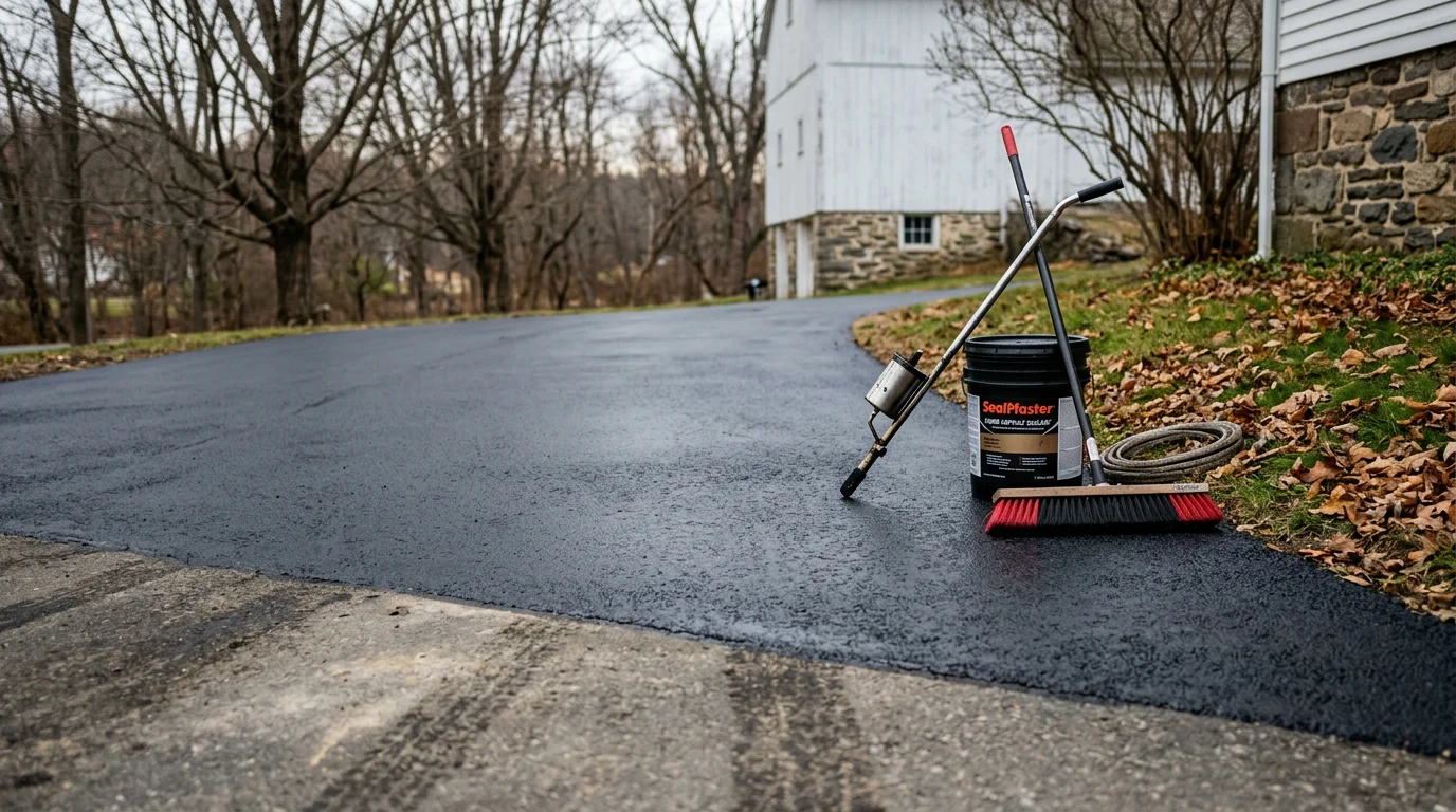 Freshly sealed asphalt driveway at a residential property in Goshen, Connecticut, showing a uniform dark surface with clean edges and no visible cracking. The sealed driveway contrasts with the surrounding lawn and tree line typical of Litchfield County homes.