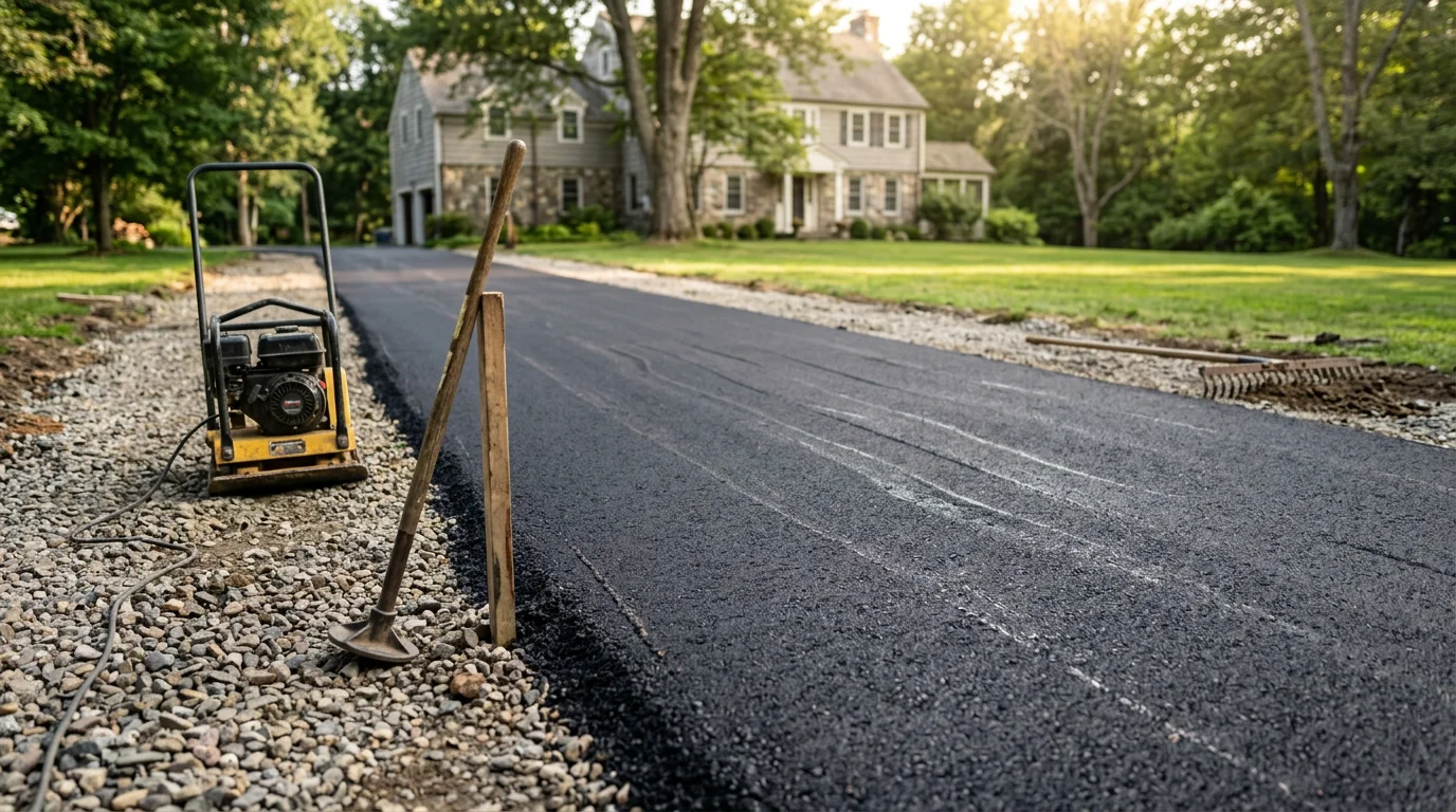 A freshly paved residential driveway in Goshen, Connecticut, with clean edges, a smooth surface, and proper slope away from the home. Surrounding landscape shows a typical rural Connecticut property with mature trees and a two-car garage.