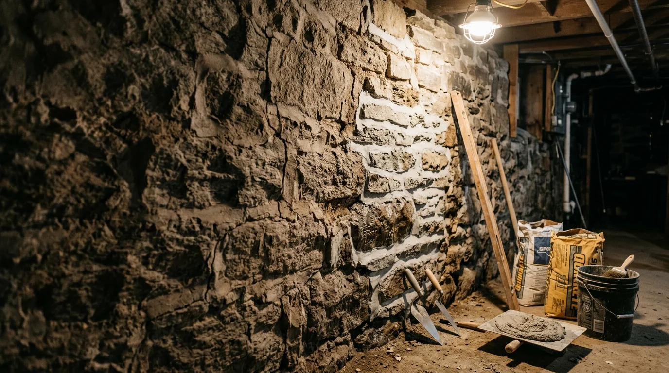 A repaired stone foundation wall on a residential property in Goshen, Connecticut, showing freshly pointed mortar joints and sealed cracks. Close-up view of the masonry repair work along the base of a New England home.