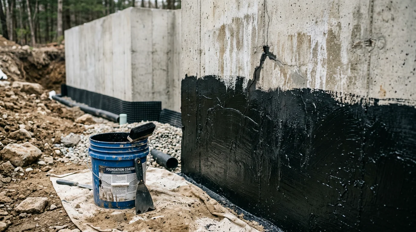 A treated concrete foundation wall in a Goshen, Connecticut home showing waterproofing applied to the exterior masonry surface. The surrounding soil has been cleared to expose the full foundation wall during the waterproofing process.
