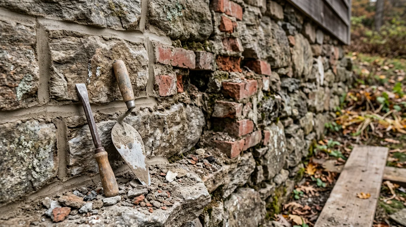 Close-up of a repaired brick wall on a Goshen Connecticut residential property, showing freshly pointed mortar joints blended with weathered surrounding brick. A stone retaining wall in the background reflects typical Litchfield Hills residential masonry.