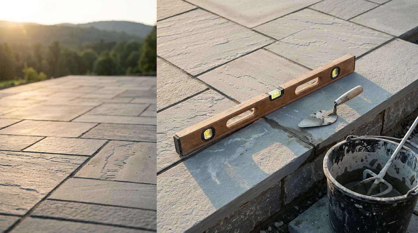 Freshly laid stone patio and low retaining wall at a residential property in Goshen, Connecticut, with natural fieldstone blending into a wooded Litchfield Hills backyard. Close view shows tight mortar joints and level coursework built to handle New England freeze-thaw conditions.