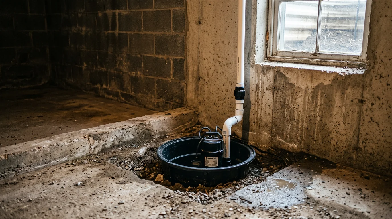 A newly installed sump pump and sealed pit in a Goshen, Connecticut basement, with a discharge line running through the foundation wall to direct groundwater away from the home.