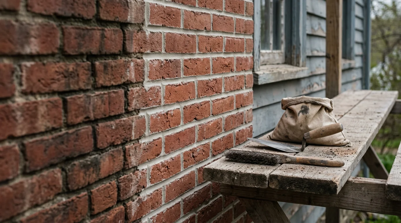 Close-up of freshly tuckpointed brick mortar joints on a Connecticut home exterior, with clean, color-matched mortar filling previously cracked and recessed joints. A masonry contractor works on an older brick wall in the Goshen area, pressing new mortar into prepared joints with a pointing trowel.