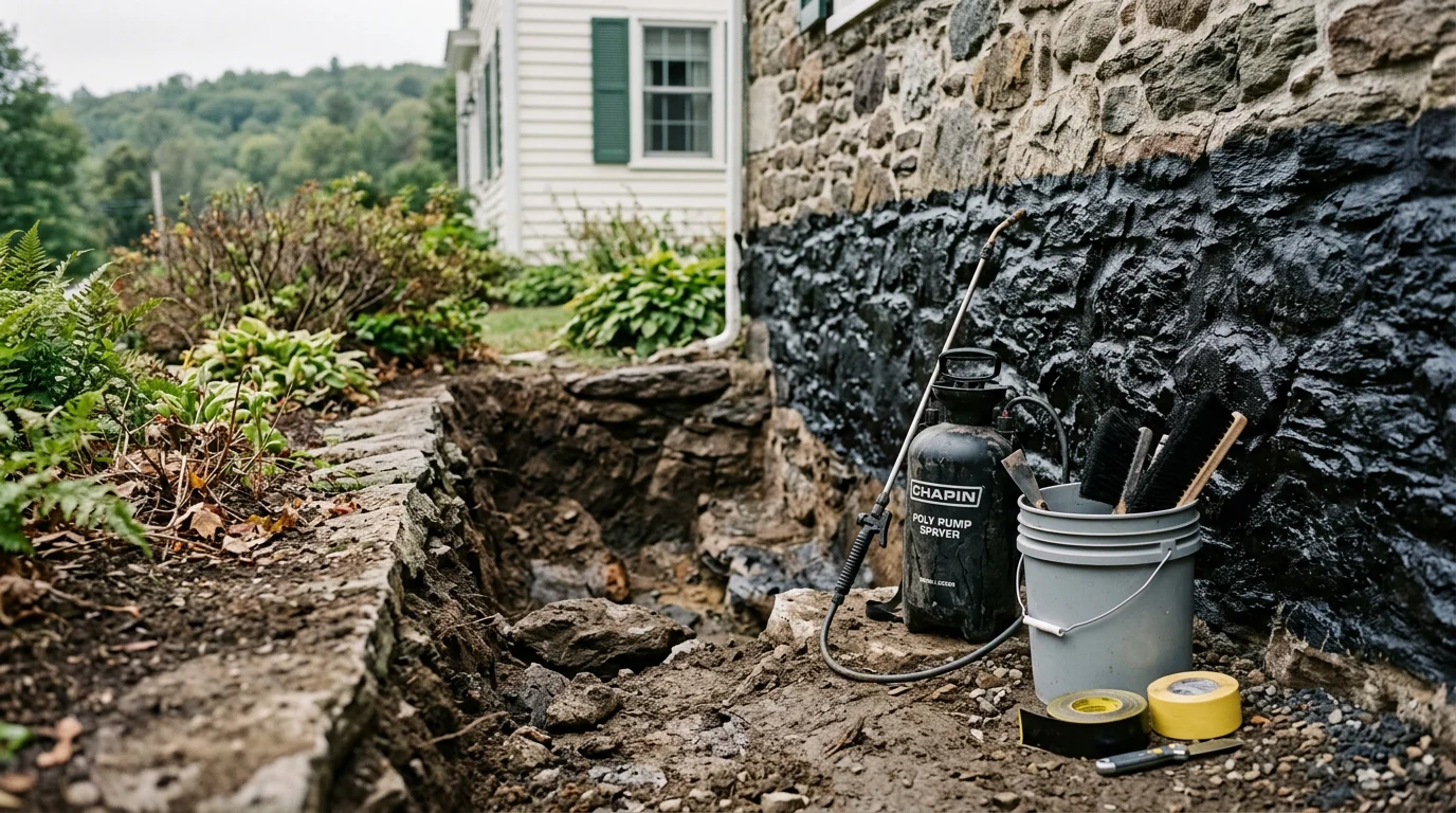 A Goshen, Connecticut basement foundation wall after professional waterproofing treatment, showing sealed masonry and dry concrete surfaces. The exterior soil line and treated block foundation are visible, reflecting work typical of older homes across the Litchfield County area.